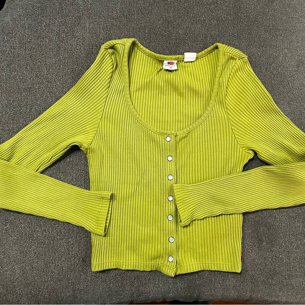 Lime Green Ribbed Button-Up Cardigan